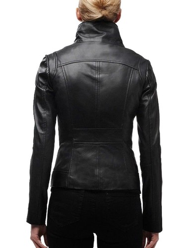 Black Leather Jacket for Women 100% Real Lambskin Motorcycle Jacket S M L XL-066 - Picture 10 of 10