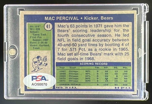 1972 Topps Football Mac Percival #41 Chicago Bears PSA/DNA Authentic Auto - Picture 2 of 2