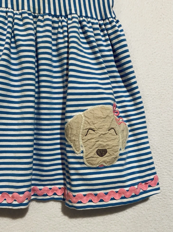 Bailey 男孩连衣裙女式 2T 蓝色条纹刺绣狗褶皱无袖 — 第 2/4 张图片