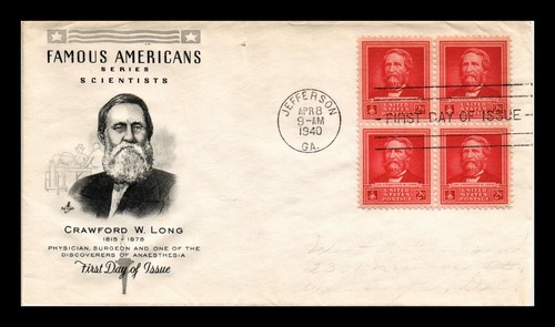 DR JIM STAMPS US COVER CRAWFORD LONG FAMOUS AMERICANS FDC BLOCK OF 4 ADDRESSED