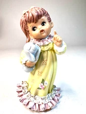 Lefton TW-117 Bisque Ponytail Girl Ruffled Pajamas Gown Puppy HTF Vintage