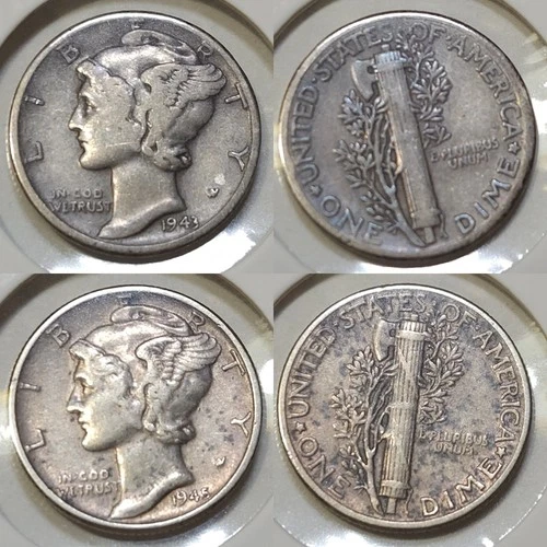 Lot of (2) Mercury Dimes: 1943-P & 1945-P - F & VF+ Details: Spotting - 90% Ag