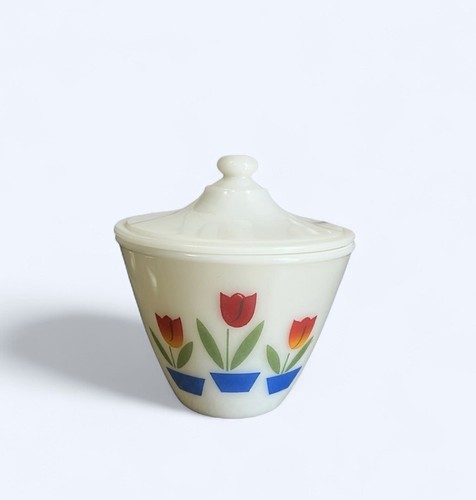 Vintage FIRE KING Oven Ware Tulip Flower Ivory Grease Jar With Lid - Picture 9 of 9