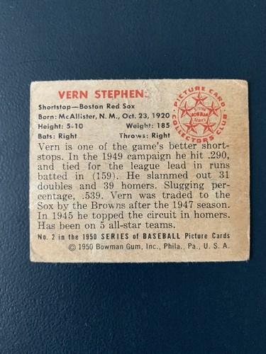 1950 Bowman, #2 Vern Stephens, Boston Red Sox ~ G-VG - Bild 2 von 2
