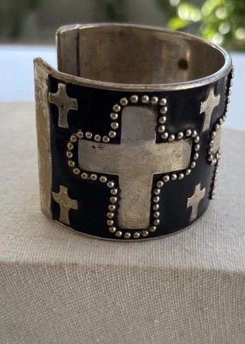 Vintage Silver Cuff Bracelet Cross Religious Handmade Sz 7-7.5” Bohemian Western - Picture 5 of 11