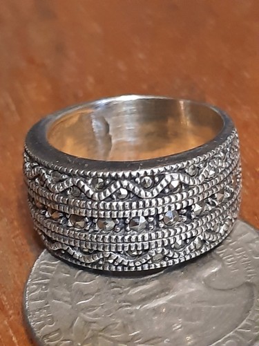 Vtg Marcasite Ring Sterling Silver Thick Band Size 6 925 Signed Tribal Rare Find - Picture 5 of 8