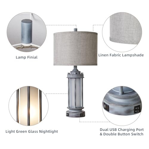 Rustic Table Lamp for Bedroom Living Room with 2 USB Ports, 1 Pack-Gray Green - Picture 7 of 8