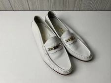 Women's 10.5 B Salvatore Ferragamo Flat Loafers White Leather Gold Horsebit