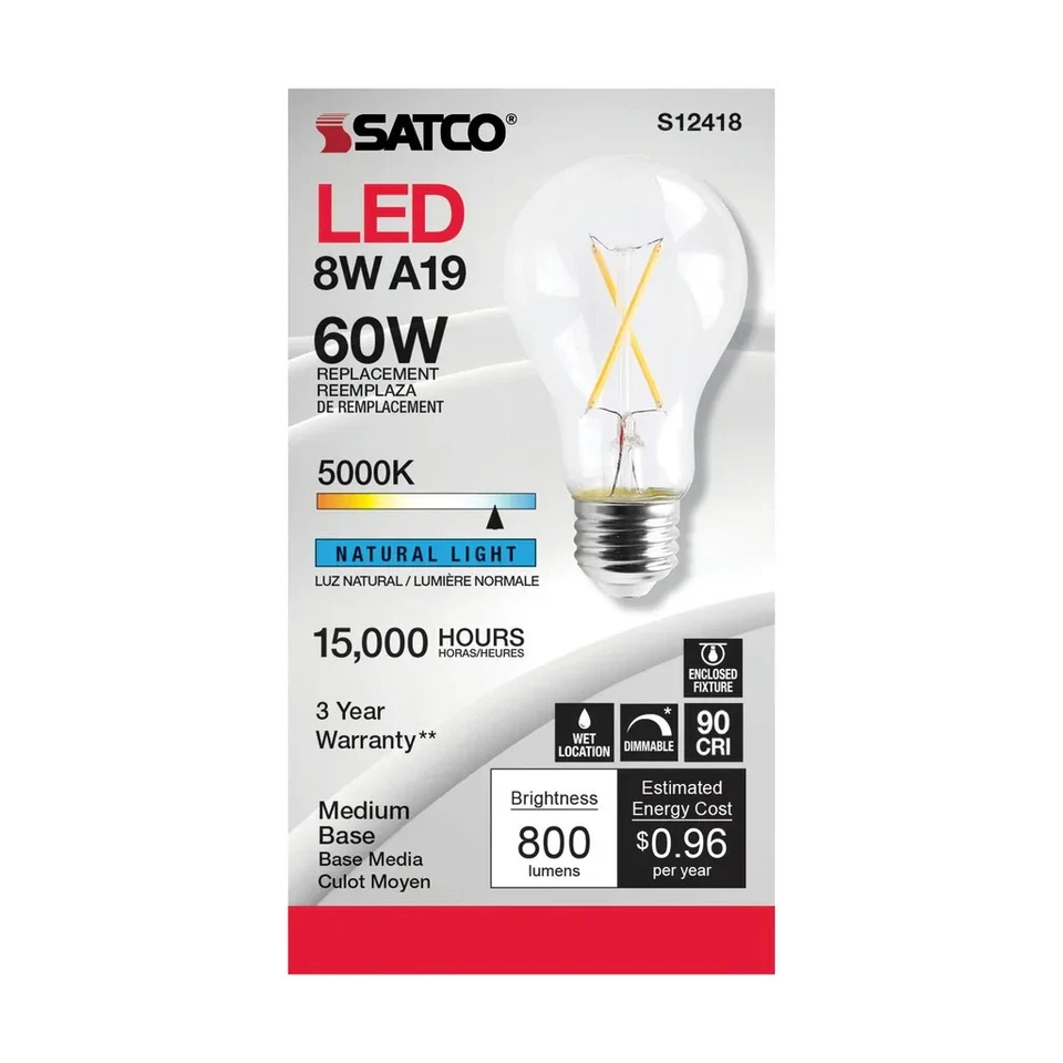 8 Watt LED A19 - Clear - Medium Base - 5000K - 90 CRI - 120 Volt -  6 Pack - Image 3 of 4