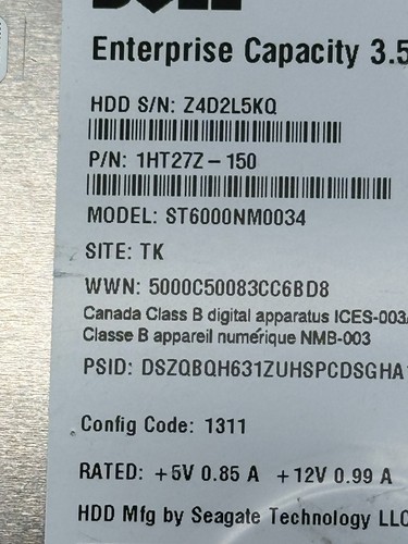 Dell 6TB SAS 3.5" 7.2k RPM 6Gb/s Hard Drive | 1HT27Z-150 0NWCCG ST6000NM0034 - Picture 3 of 5