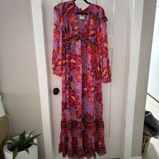 FARM Rio Sweet Floral Maxi Dress Purple Red Long Sleeve Ruffle Womens Small Boho