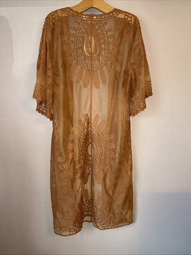 New Rebellion Lovely Brown Embroidered Long Kimono Top/ Cover Up - Size Medium - Picture 3 of 3