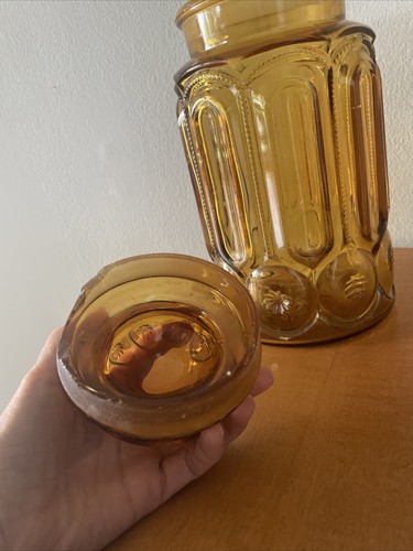 Vintage L.E. Tarro de cocina Smith de vidrio ámbar prensado estrellas de luna años 60 - Imagen 5 de 8