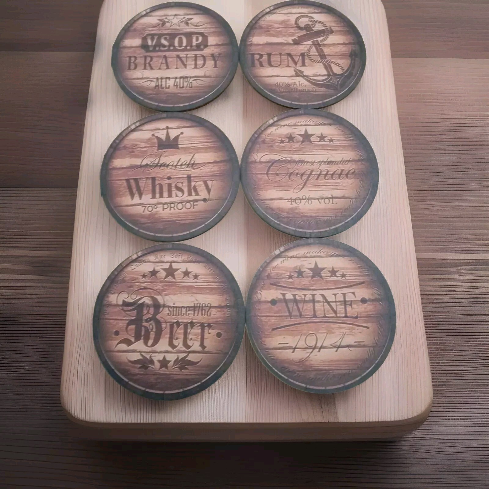 Drinks Coasters, Rum, Cognae, Beer, Wine, Brandy, Wisley, Set Of 6, Wooden Print