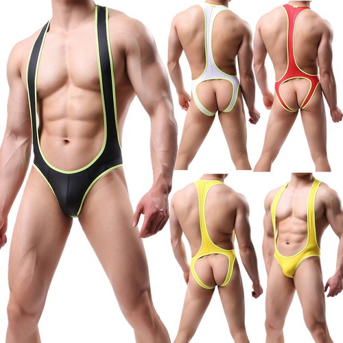 Para hombre Cuero PU Look Húmedo Body Leotardo Lucha Singlete Botón Abierto Mono - Imagen 8 de 44