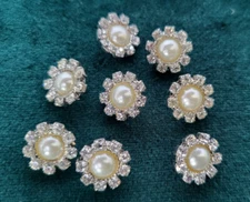 New 8 Silver-tone Faux Pearl & Rhinestone Buttons 7/16" (11mm) Shank Round