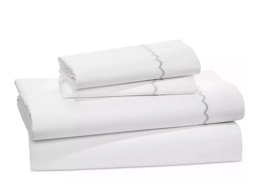 Matouk Astrid 350TC Percale Cotton TWIN 3-Pcs. Sheet Set White /Silver $545 - Image 2 of 4