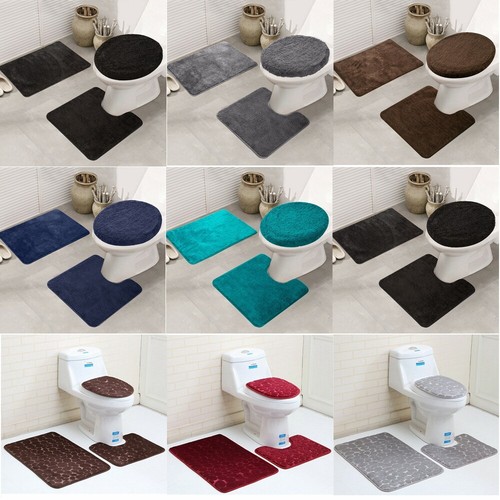 3PCS/Set Non-slip Bath Mat Pedestal Rug Toilet Lid Carpet Bathroom Rug Washable