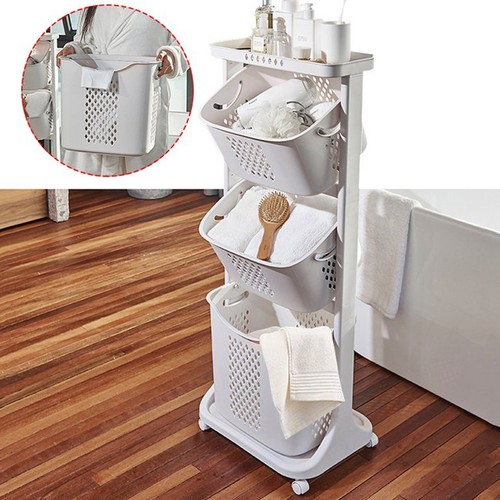 Laundry Hamper Basket Sorter Clothes Storage Organizer Shelf Rolling Cart 3-Tier - Picture 3 of 12