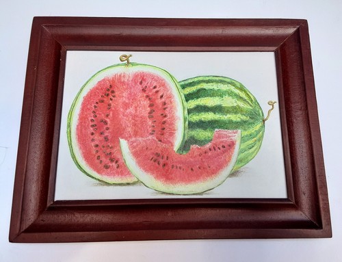 Original  Art Watermelon colored pencil 5x7 drawing Framed FREE SHIPPING OOaK - Foto 1 di 5