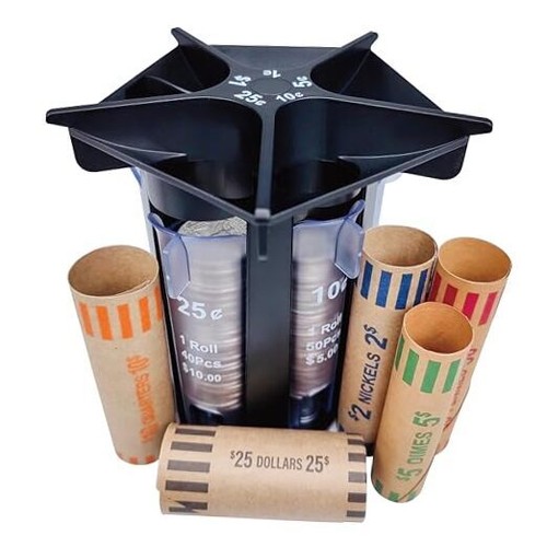 Coin Sorter Tube Coin Counter with Coin Wrappers, 5-IN-1 Change Sorter Change