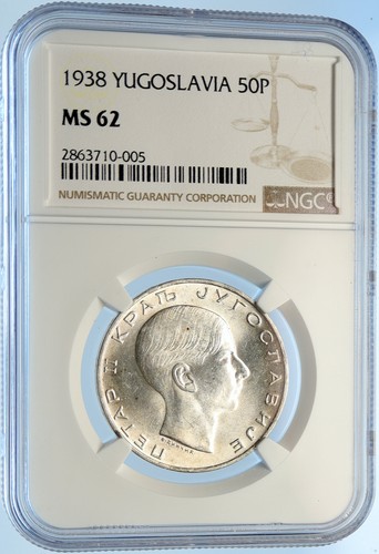 1938 YUGOSLAVIA King Peter II Crowned Eagle OLD Silver 50 Dinara Coin NGC i98387 - Picture 3 of 5