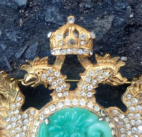 1960 DE NICOLA Double Headed Dragon Crystal Faux Jade Vintage Brooch Unsigned - Picture 3 of 13