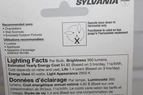 Sylvania 40w Clear B10 Candelabra Bulbs Blunt Tip 360 Lumens - 2-Pack - Picture 4 of 4