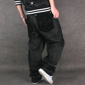 New Mens Jeans Black Denim Embroidery Snake Casual Pants Trousers HipHop W30-W44