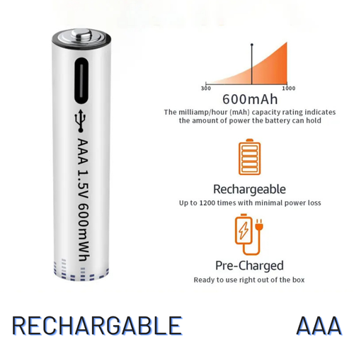AAA Rechargeable USB-C Batteries Pack of 4 1.5V 600mWh Lithium for Toys & Remote - Picture 5 of 9