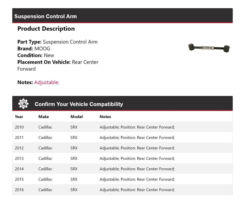 Brazo de control de suspensión delantero central trasero MOOG 2010-2016 para Cadillac SRX Foto 2 de 4
