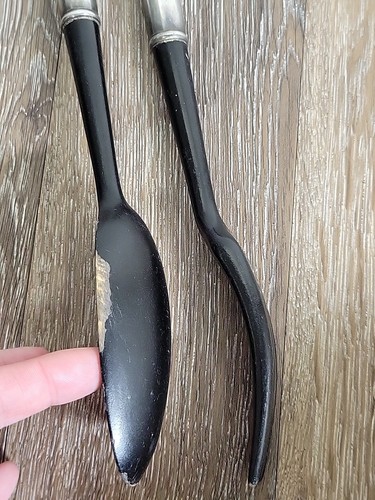 Mid Century Modern Salad Serving Fork Spoon Black Wooden Sterling Silver France - Picture 10 of 12