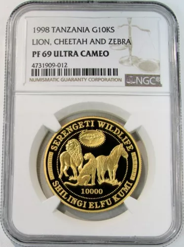 1998 GOLD TANZANIA 1,000 MINTED LION CHEETAH ZEBRA 10,000 SHILINGI NGC PF 69 UC 