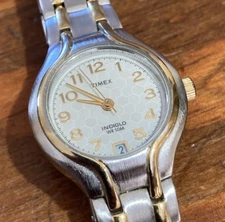 Timex Indiglo Beehive Dial Date Watch Two Tone Stainless Band Indiglo Works