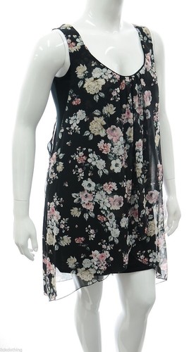 Damen Drapiert Blumenmuster Chiffon Kleid Stretch Schwarz Tunika Einsatz Top Damen - Bild 2 von 3