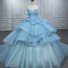 Sky Blue Quinceanera Dresses Ball Gown Lace Applique Bead Tiered Ruffles Sweet16