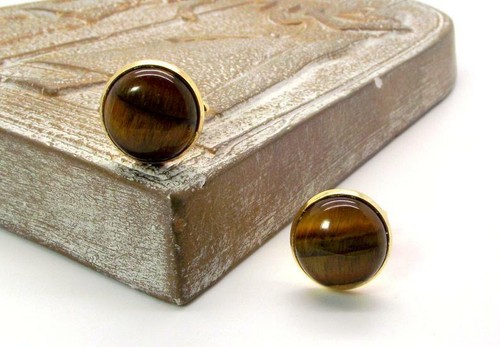 Natural Tiger's eye Gemstone With 925 Sterling Silver Gold Plated Cufflinks #890 - Picture 3 of 3