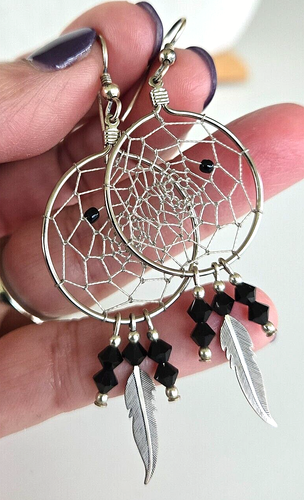 Vtg Silver Round Dreamcatcher Black Glass Bead Dangle Pierced Earrings 2-15/16"