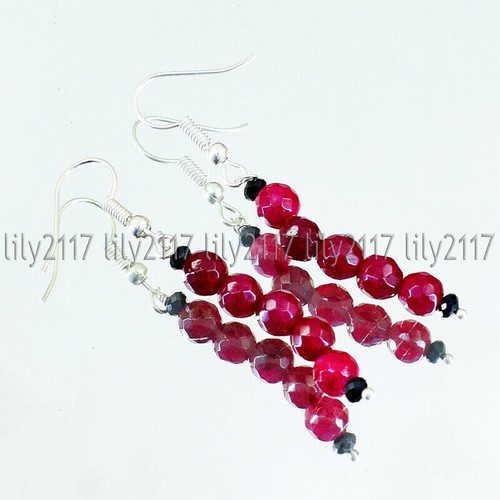 Faceted 6mm Natural Red Garnet Gemstone Round Beads Silver Hook Dangle Earrings - Picture 4 of 4