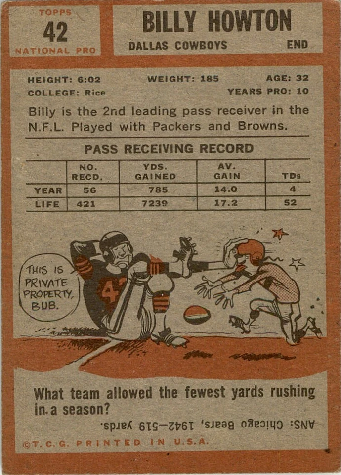 1962 Topps #42 Billy Howton - Image 2 of 2