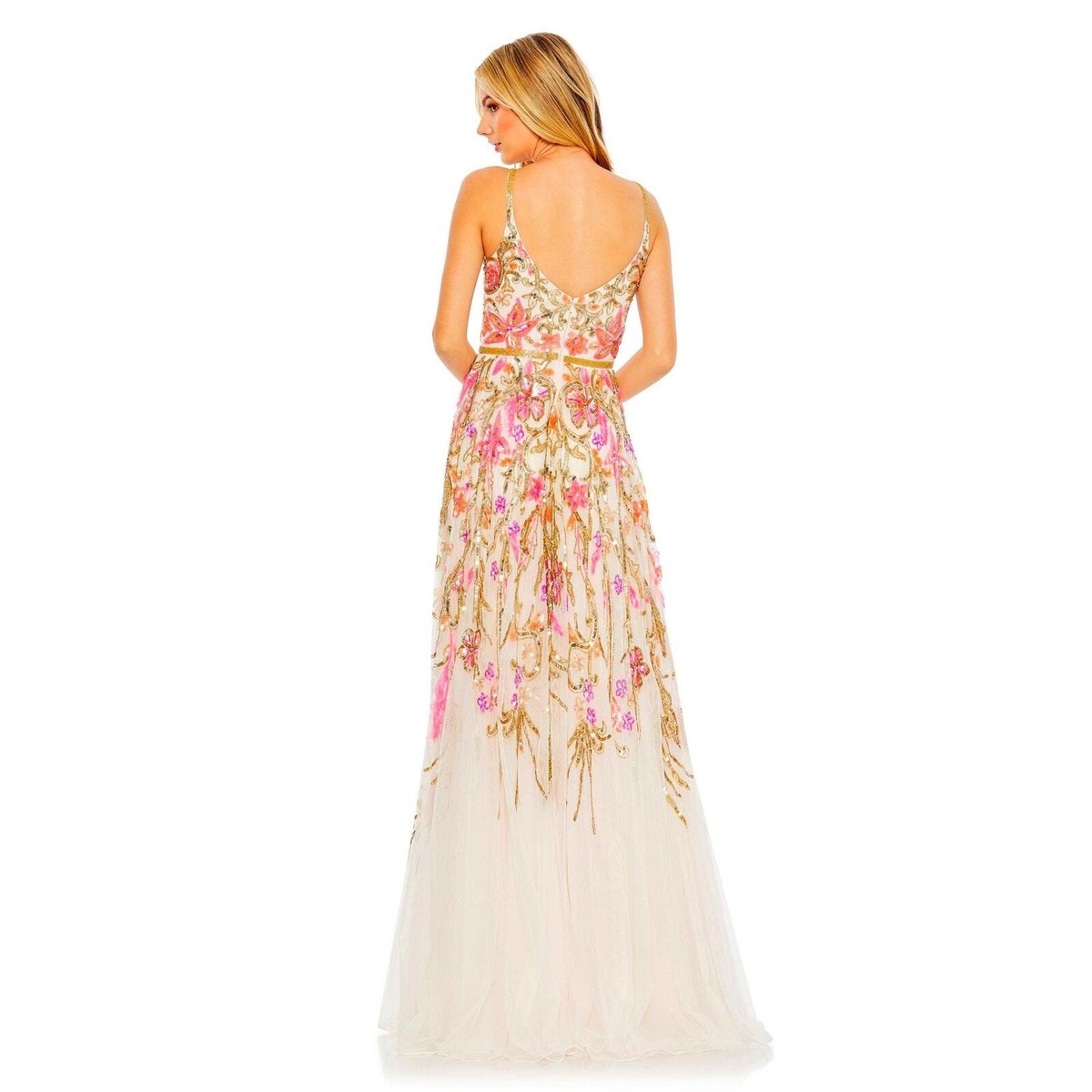 Mac Duggal Women's V Neck Floral Embellished Spaghetti Strap