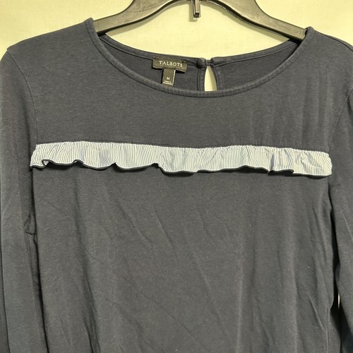 Talbots Ruffle Yoke Crew Neck Shirt Sz Medium Blue White Casual Nautical Preppy - Picture 4 of 9
