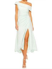 MAC DUGGAL FOLD OVER RUCHED JERSEY THIGH SLIT MINT GREEN MIDI DRESS sz 0