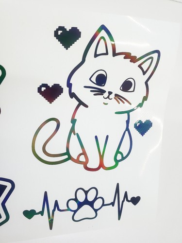 Kawaii Cat & Pulse Heart Paw Decal Holographic - Window Decal, Laptop, PC - Picture 2 of 12