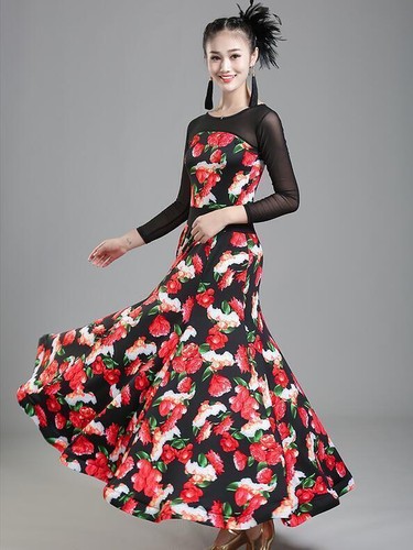 Adult Floral Maxi Modern Dance Waltz Tango Fox Trot Performance Dress Ballroom - Picture 8 of 11