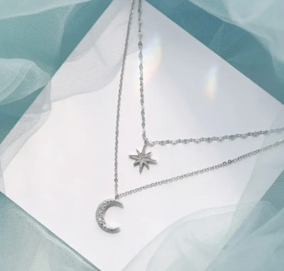 Gepunzt Lagenlook 925 Sterling Silber Halbmond Mond Stern Halskette, Geschenktüte