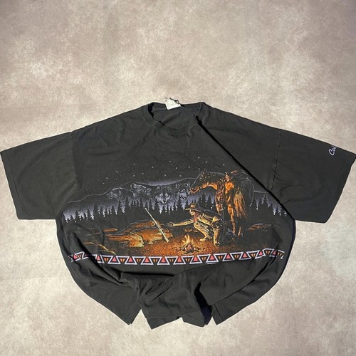 Vintage 90s Wolf Nature Outdoors Mountains Outdoor Aztec Tee Shirt Wrap Around