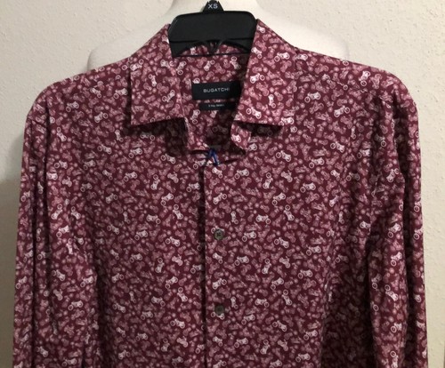 NWT MEN (S) BUGATCHI LONG SLEEVE BICYCLE DESIGN BURGUNDY STRETCH SHIRT $179 - Picture 3 of 12
