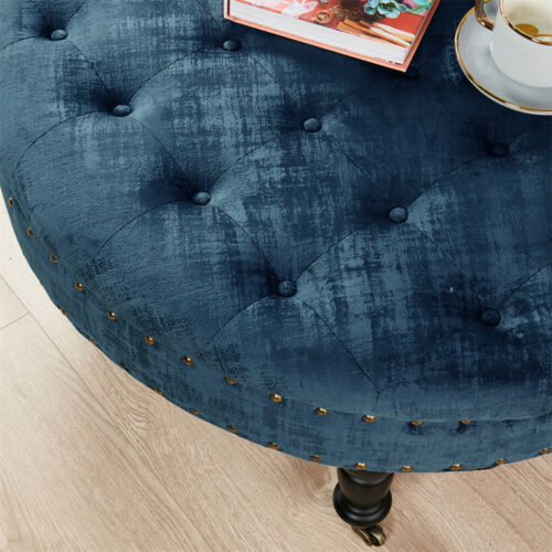 Large Upholstered Tufted Button Velvet Round Ottoman Coffee Table Caster Wheels - Picture 172 of 186