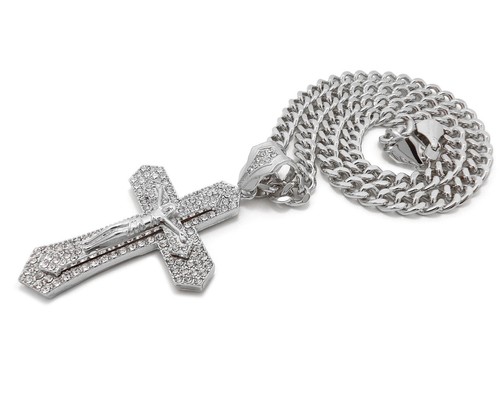 Gold Plated Cubic Zirconia Large Jesus Cross Charm Franco Cuban Chain Necklace - Picture 68 of 165